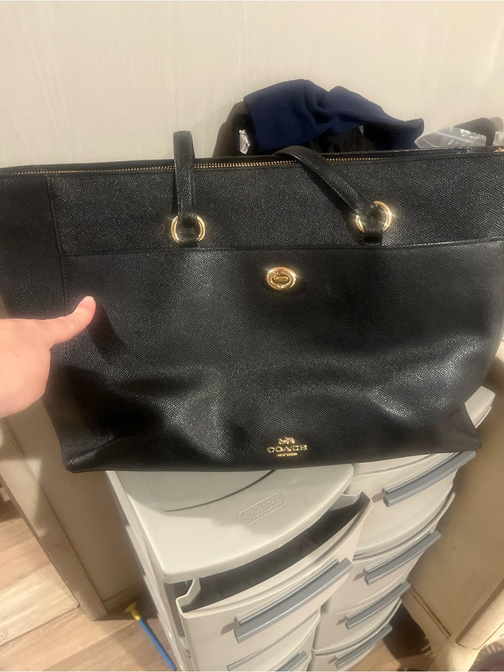 Coach Black Leather Tote with Gold Hardware Accents